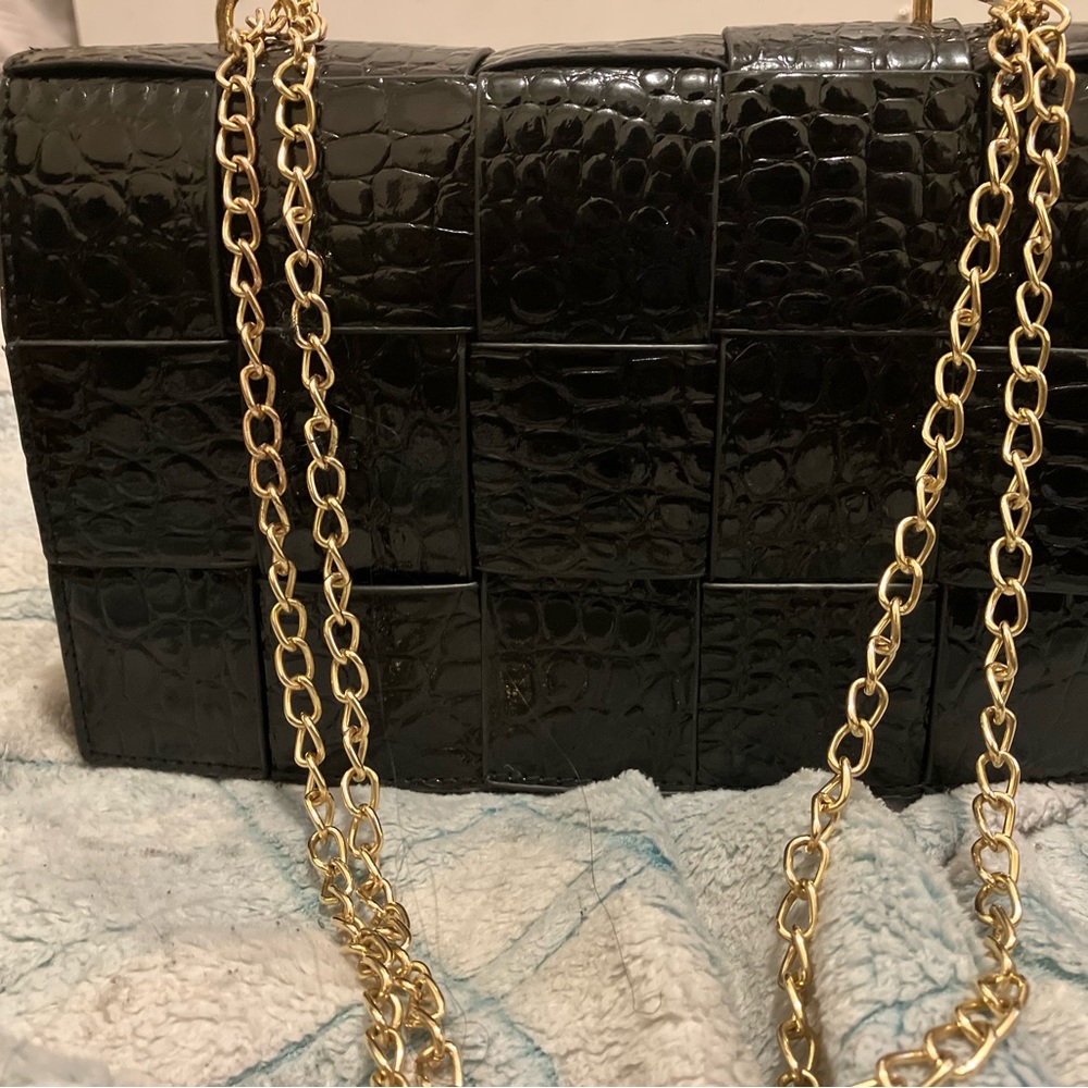 Black Croc Print Leather Crossbody Purse